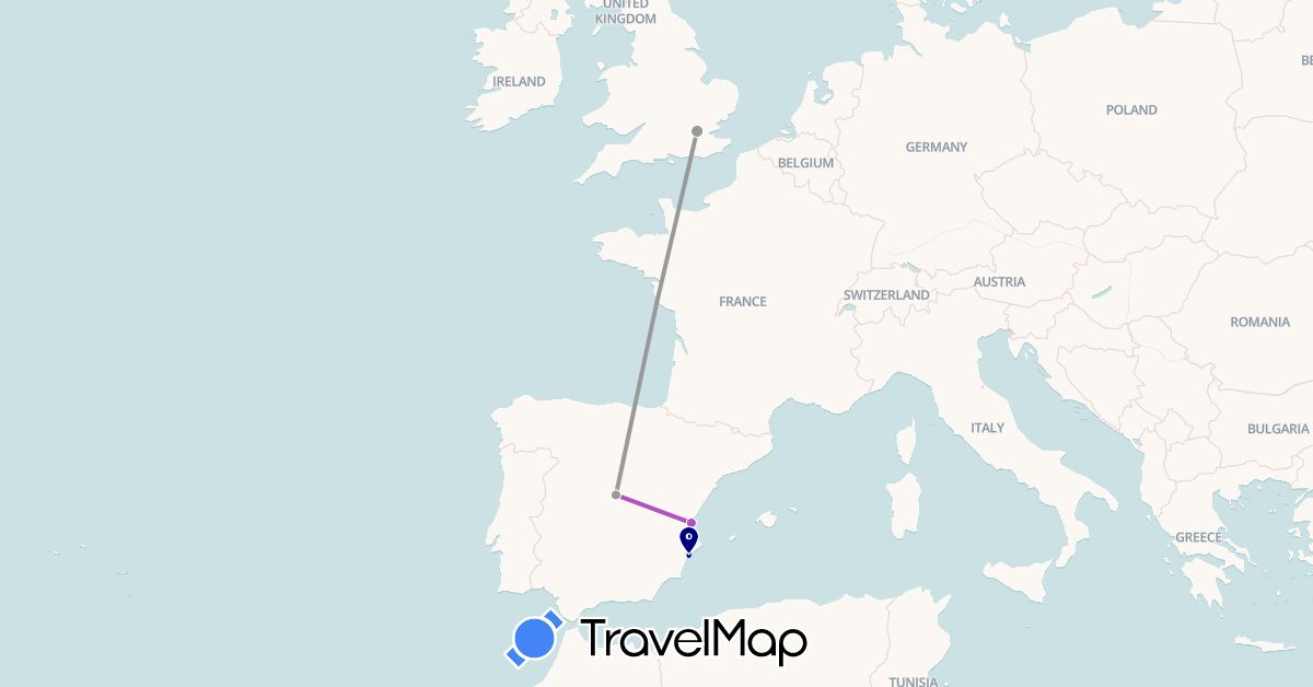 TravelMap itinerary: driving, plane, train in Spain, United Kingdom (Europe)